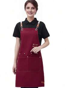 Durable Canvas Apron With Faux Leather Straps - Waterproof, Adjustable Bib For Coffee Shops, Milk Tea Shops & Hairdressers - Women's Workwear - Multicolor - View 7