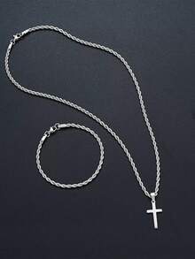 1-3 Pieces New Fashion Stainless Steel Men's Cross Pendant Necklace, Bracelet, Braided Chain Suitable For Daily Wear And As A Gift