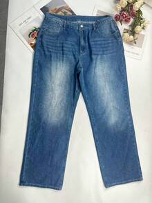 大码女式中腰水洗牛仔裤，复古做旧无弹力牛仔裤，休闲春季款 - 中等水洗藍 - 查看 6