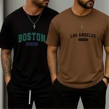 Kit Of 2 Men's 100% Cotton Printed Summer Comfort T-Shirts - 黑色和棕色 - 查看 2