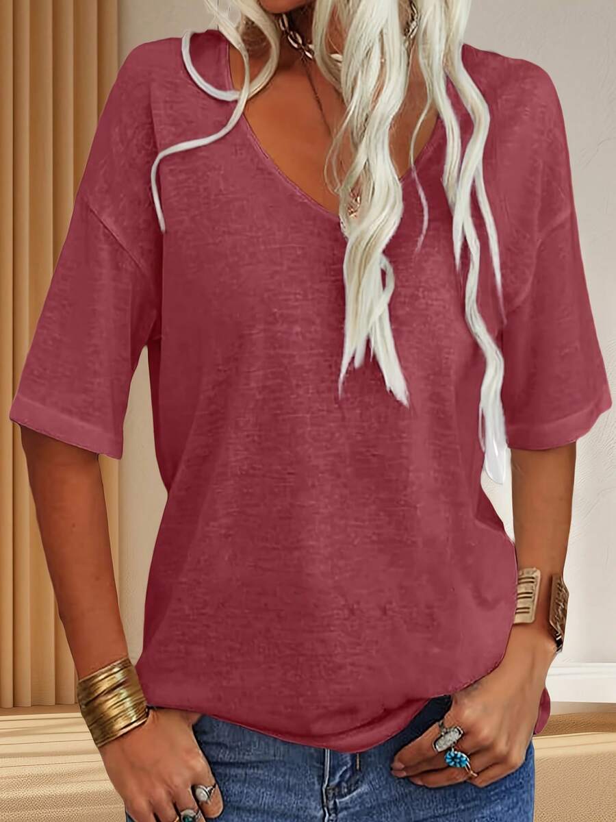 Women's V Neck T-Shirt Half Sleeve Oversized Loose Fit Casual Top - Burgundy - View 1