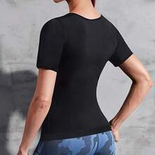 "Women's Zipper Sauna Sweat Short Sleeve Top - Heat-Trapping PU Fabric For Intense Sweating, Slimming Workout Shirt For Gym & Fitness" - 黑銀 - 查看 4