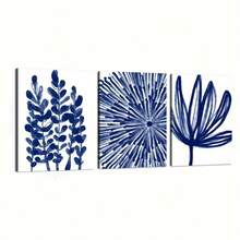3 Pcs Bright Blue Abstract Floral Canvas Art - Wall Decor For Living Room, Bedroom, Office - 2D, Easy To Install, Easy To Hang, Wrap-Around Canvas Painting