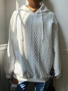 Daily Home Textured Ribbed Knitted Drawstring Hoodie, Casual Long-Sleeved Versatile Sweatshirt Thick Knitted Plain Weave, Women's TOP Fashionable And Elegant - White - View 4