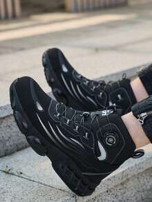 男士安全鞋，钢头工装靴，高帮防刺穿安全靴，时尚徒步鞋，旋转纽扣设计，适用于工业建筑、户外徒步等场合，四季皆宜 - 黑色 - 查看 10