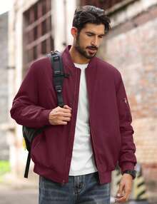 KEFITEVD Men's Spring/Spring/Winter Casual Jacket Polyester Fabric Soft, Lightweight, Comfortable, Windproof And Waterproof Material Multifunctional Zip Pockets Knitted Ribbed Cuffs On Sleeves And Hem Zipper Closure With Open Flap Outdoor Running Baseball Climbing Hiking Training Fishing Camping Travel Daily Work Casual Jacket - 酒紅色 - 查看 2