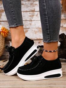 2025 New Lace-Up Black Flat Shoes, Solid Color Sports Lace Metal Eyelets Flat Shoes, Suitable For Home Wear All Seasons