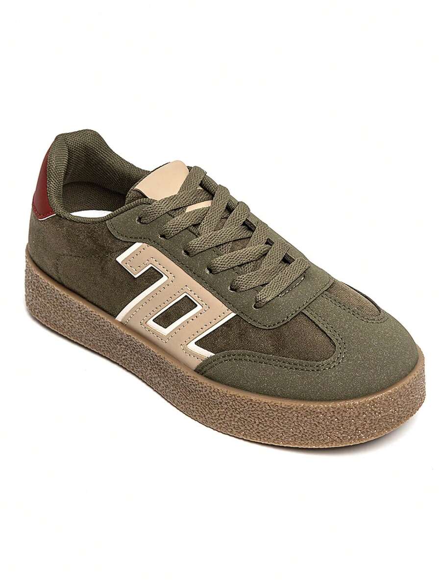 Baskets lifestyle femme – Style rétro en daim et toile, semelle compensée confort - 綠色 - 查看 1