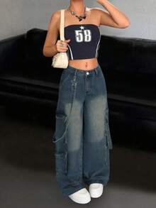 Women's Mid-Rise Casual Washed Denim Straight-Leg Pants With Multiple Pockets, Loose And Comfortable, Suitable For Street, Campus, Travel, Party, Music Festival Pantalones Jeans De Mujer - 深藍色 - 查看 5