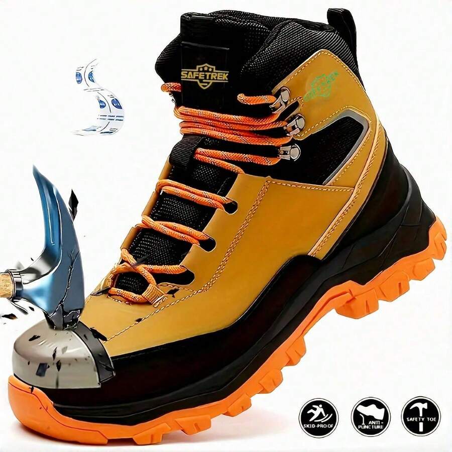 Men's Steel Toe High Top Work Boots Comfy Non Slip Vintage Lace Up Shoes For Men's Outdoor Work Out Activities Men Safety Shoes - 黃色 - 查看 1