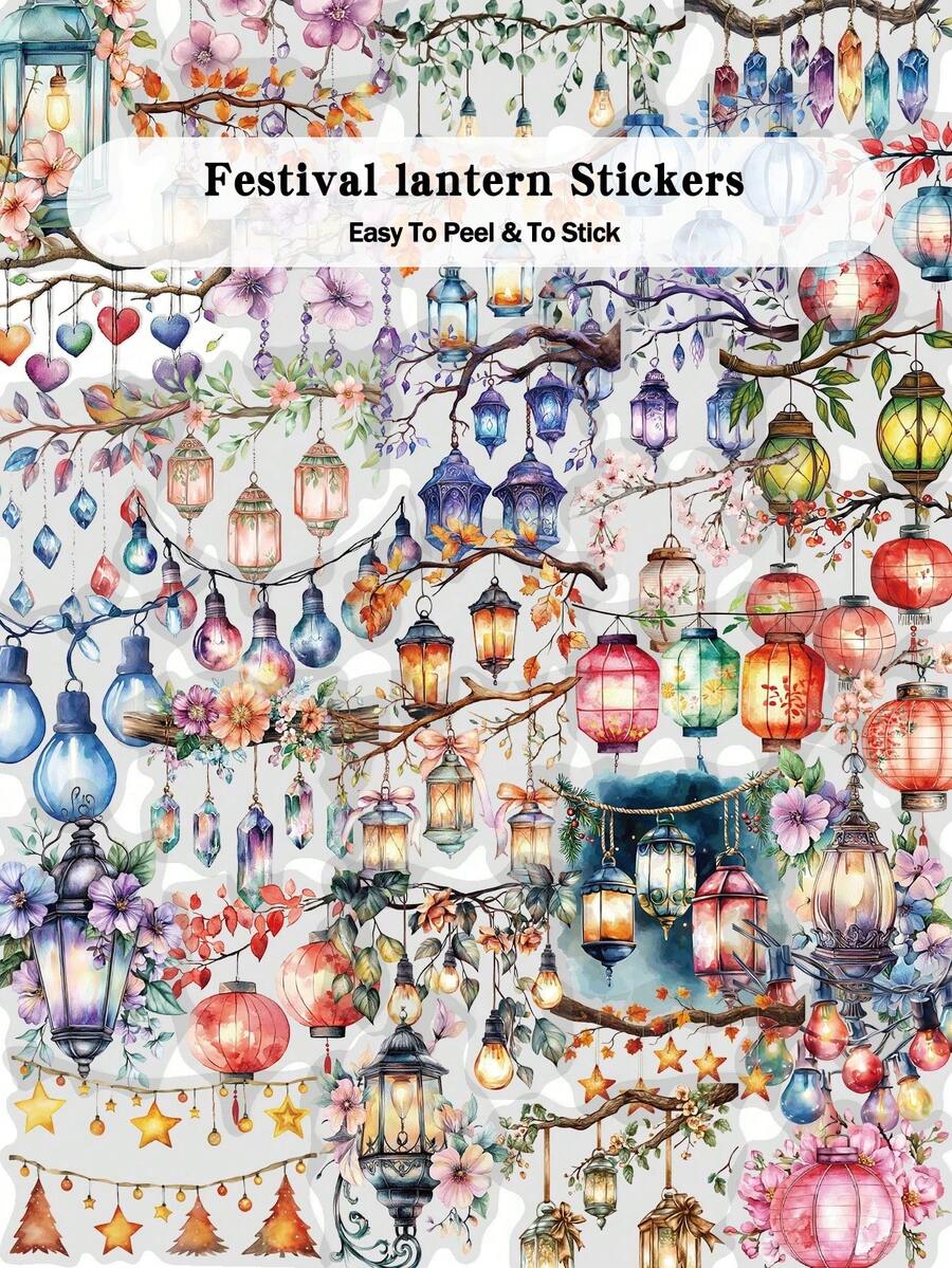 50pcs Festival Lantern Stickers PET Material Transparent Sticker For Laptop Bags, Luggage, Desktops, Diaries, And Holiday Party Diy Decorations. - Multicolor - View 1