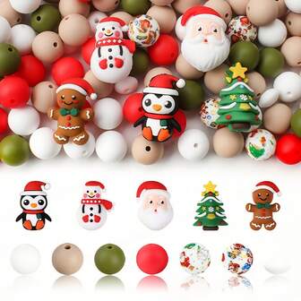 30/75 件圣诞主题 3D 硅胶珠套装，圣诞树、圣诞老人、企鹅、姜饼人、雪人硅胶焦点珠，适用于 DIY 珠宝制作、装饰、钥匙扣、手工艺品、笔串珠配件、礼品珠和珠子组合