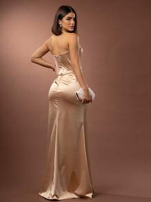 LONG WEDDING PARTY DRESS FOR BRIDESMAID FASHIONISTA STRAP-OFF WITH SLIT - GOLDEN - View 2