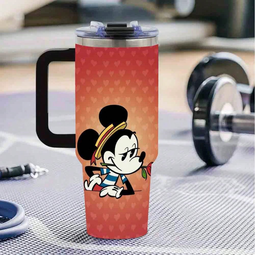 [Authorized]1pc Large Capacity Thermal Tumbler With Handle & StrawMickey Mouse Valentine's Day Rose Water Bottle - Insulated Stainless Steel Tumbler With Lid, Perfect For Hot And Cold Drinks, Ideal Gift For Any OccasionSuitable For Women, Students, Office, Travel, Car - Perfect Gift For Animal Lovers, Travel Drinkware, Cartoon Drinkware