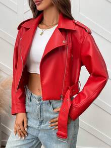 Women's Solid Color Minimalist Zip-Up Short Jacket, Everyday Wear - Red - View 4
