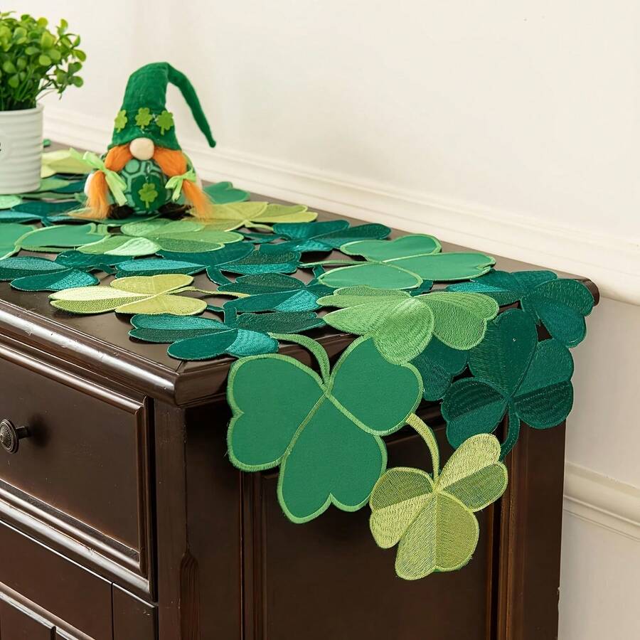 1Pc St. Patrick's Day Table Running, Embroidered Irish Clover Dresser Scarf, Spring Green Clover Table Running For Home Kitchen Restaurant Party Table Decoration - 綠色 - 查看 1