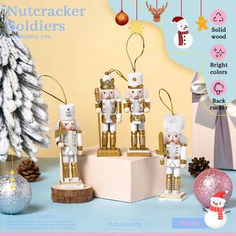 4pcs/Set Golden Nutcracker Puppet Wooden Hand Craft Walnut Soldier Christmas Tree Pendant Home Desktop Ornament New Year Merry Christmas Decoration