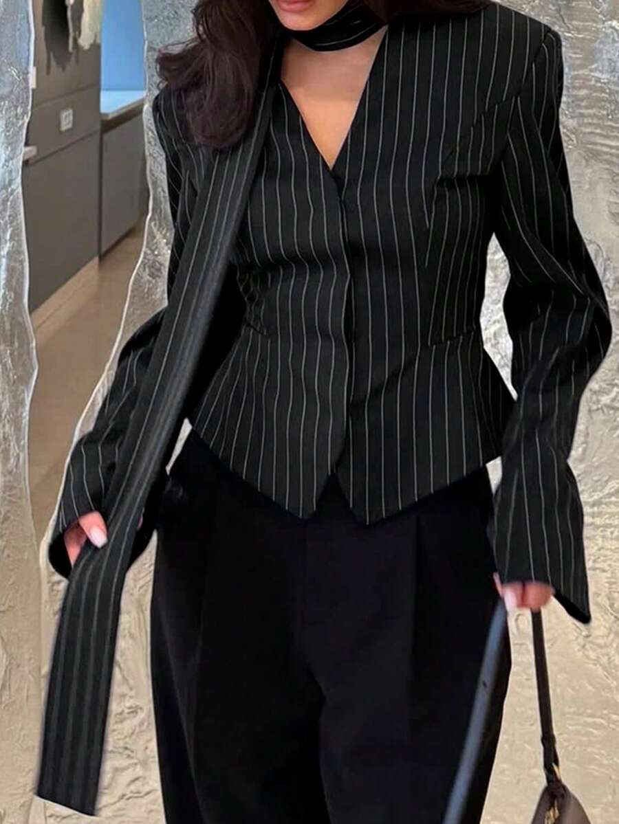 Áo khoác blazer kẻ sọc thanh lịch dành cho nữ, áo khoác ngoài sang trọng tay dài cổ chữ V thắt khăn dành cho nữ màu đen mùa xuân