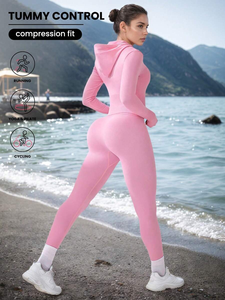 Ensemble sweat-shirt à capuche zippé et pantalon ajusté à la taille pour femmes, couleur unie - Rose bonbon - Voir 1