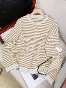 Áo khoác cardigan dệt kim kẻ sọc dáng rộng thời trang thu đông mới của Vivid Style dành cho nữ, phong cách đường phố, sân bay, Giáng sinh, áo len Giáng sinh, năm mới. - Màu Khaki - Xem 3