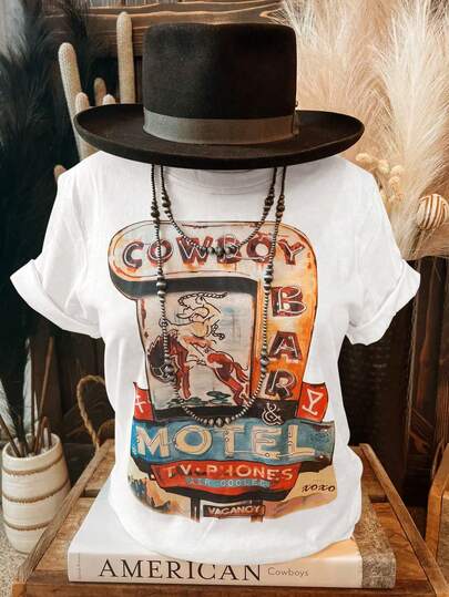 2025春夏休闲极简主义复古西部牛仔酒吧汽车旅馆霓虹图案印花女复古圆领T恤适合春夏秋季户外休闲装