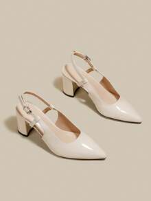 女士米色漆皮尖头单带粗跟高跟鞋，优雅尖头正式高跟鞋，时尚露跟高跟鞋 - 米色 - 查看 6