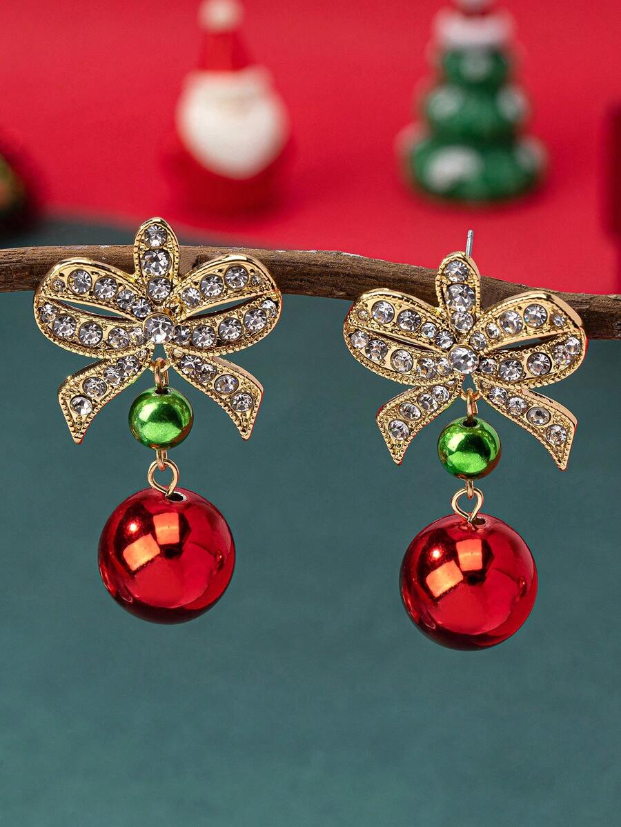 1 Pair Elegant Christmas Earrings, Ribbon Bow Design Zinc Alloy With Glass Rhinestone And Colorful Beads, Suitable For Women To Celebrate Christmas, New Year Party And Festival