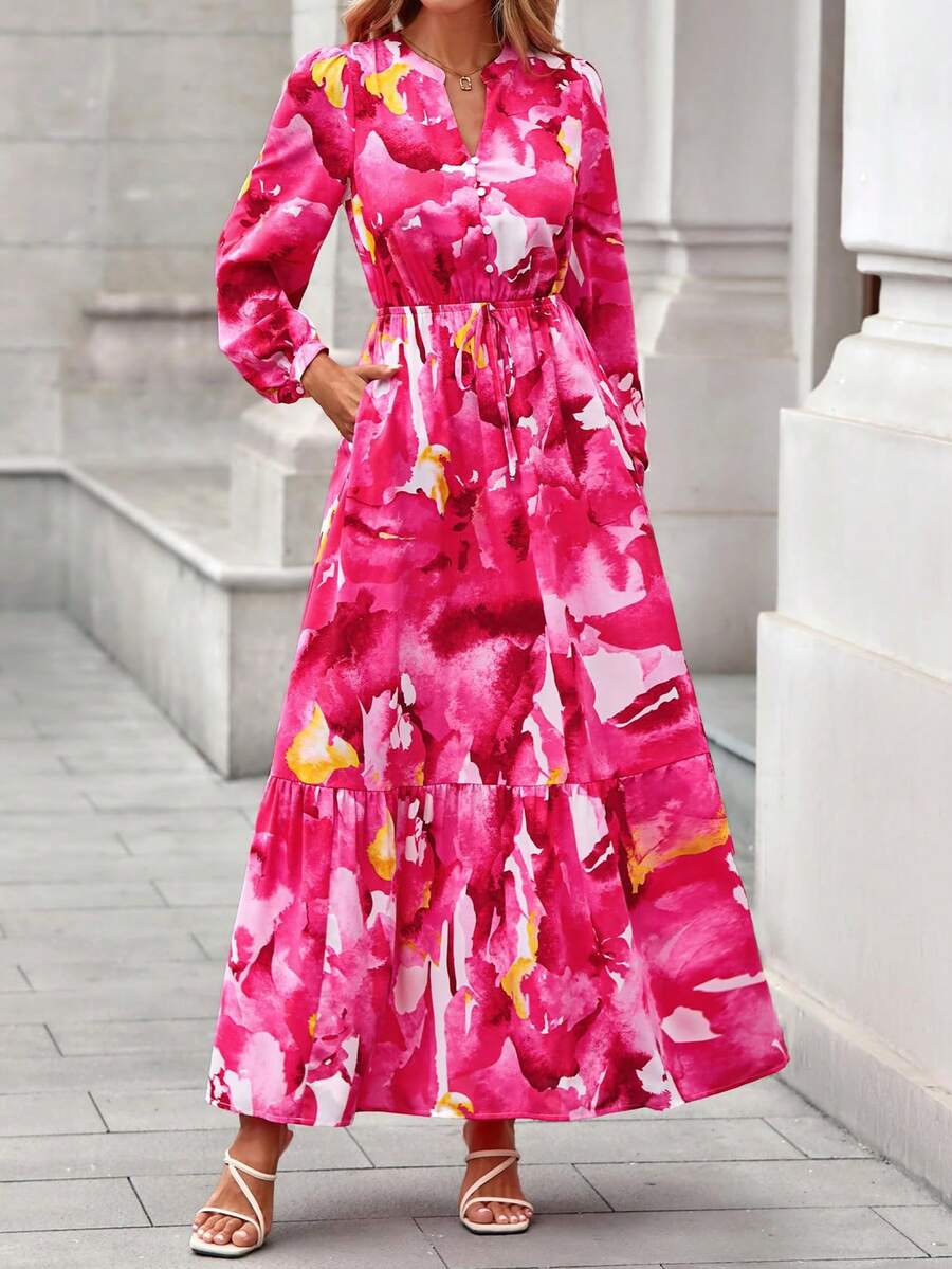 Women Fall Boho Maxi Dress Floral Long Sleeve V Neck Button Pockets Flowy Long Dress Autumn Winter Holiday Vacation Wedding Dresses Outfits - Màu nước hồng hồng - Xem 1