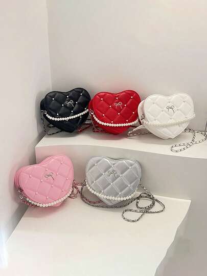 1pc's New Niche Creative Heart-Shaped Pearl Chain Crossbody Bag Is Exquisite And Sweet, Available In Multiple Colors, With A Zipper Closure Design And A Comfortable And Adjustable Shoulder Strap. It Is Suitable For Various Occasions Such As Outings And Activities. It Has Sufficient Capacity And Can Easily Accommodate Daily Necessities.