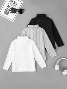 Young Boy Patchwork Ribbed Brushed Turtleneck Sweater Set - Multicolor - View 2