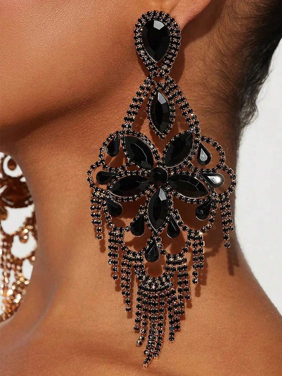 1pair Exaggerated Gold Tone Fringe Earrings With Rhinestone Flower Design Valentines,Mom,Mother,Mother's Day,Gift - Gold - View 1