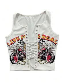 European And American New Sexy Hot Girl Slim Fashion Printed Tie T-Shirt Small Vest - trắng - Xem 1