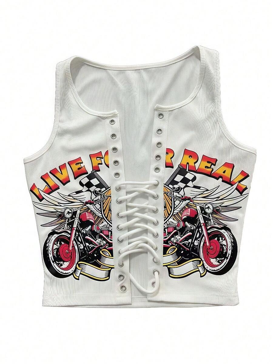 European And American New Sexy Hot Girl Slim Fashion Printed Tie T-Shirt Small Vest - trắng - Xem 1