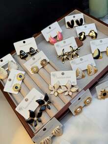 2pcs/9pcs/16pcs/24pcs Stainless Steel Earring Sets, Graduation/Back To School/Teacher's Day Gifts, Apple, Math Symbols, Love, Half-Circle Rainbow Leopard Print, For Teachers And Students, Women - Multicolor - View 3