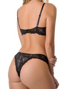 Lace Lingerie Set: Underwired Bra With Lining And Veronica Thong Panties - 黑色 - 查看 4