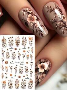 FULL BEAUTY 2片棕色花束秋季美甲贴纸，雏菊花瓣和藤蔓叶子白色美甲贴花，DIY美甲用品，秋季美甲装饰 - 彩色 - 查看 2