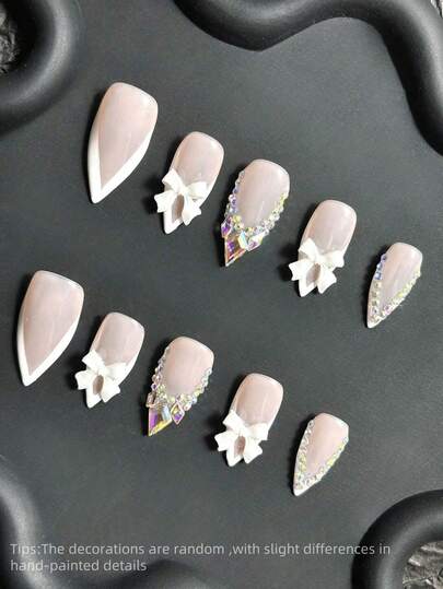10pcs Y2K Style Handmade Wearing Stiletto , Nude And White Plates With Deep V French Edging, Embellished With Jewel Rhinestones, Petals, Pattern Tie-Dye Element Design,Nail Supplies, Press-On Nails, Suitable For Women And Girls Party And Daily Wear, Includes Tool Kit