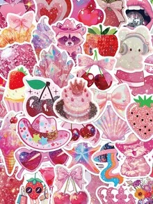 50pcs Magenta Girl Sticker Aesthetic Cartoon Decals For Waterbottle Laptop Luggage Guitar Scrapbook Journaling Phone Sticker - Hot Pink - View 8