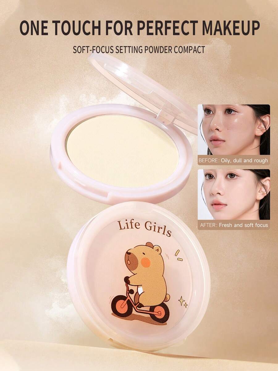 Life Girls 1 件装哑光控油持久不晕染轻盈透气粉饼盒带粉扑,打造自然妆容,便携式补妆粉 - 彩色 - 查看 1