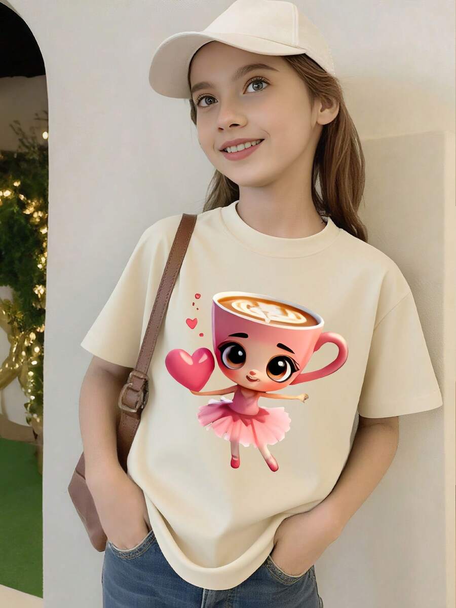 1 pieza Camiseta de manga corta con estampado de bailarina de ballet, cómoda y transpirable, para uso casual diario en verano