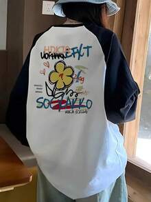 女士宽松休闲百搭印花插肩袖撞色卡通印花长袖T恤 - 黑與白 - 查看 2