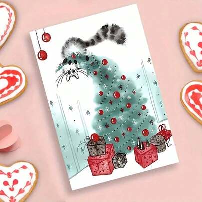 Cartão de felicitações com um gato engraçado na árvore de Natal e envelope - Cartão de Natal "Feliz Natal" para família, amigos, casais e amantes de gatos - Perfeito para celebrações festivas, presentes para amantes de gatos