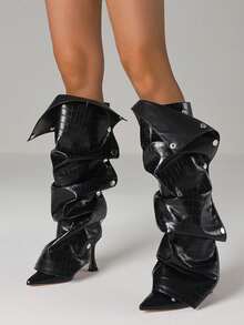 Winter Women Slouchy Boots Pointed Toe Stiletto High Heels Ruched Knee High Design Luxury Elegant Sexy Nightclub Detachable Shoes - màu đen - Xem 4