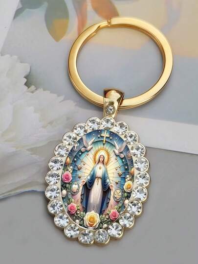 1 件优雅彩绘圣母玛利亚椭圆形玻璃钥匙扣，浪漫母亲节万圣节配饰教师节圣诞节礼物创意包袋配饰挂绳带身份证夹汽车配饰包袋饰物