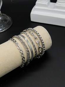6pcs Set Minimalist Punk Style Metal Chain Bracelet Set, Combination Of Metal Chains, Ropes, Snake And Twisted Designs, Multi-Layer Bracelets, Gift For Women, Suitable For Daily Wear - Silver - View 4