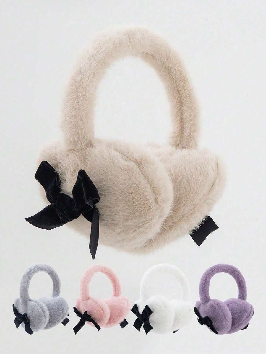 1 件可爱蝴蝶结设计毛绒耳罩，女士冬季防寒秋季装饰 - 彩色 - 查看 1