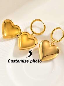 2pcs Personalized Laser Engraved Stainless Steel Heart-Shaped Photo Frame Earrings For Women, Friendship, Sisters, Thanksgiving, Christmas Gift