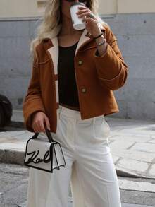 女士纯色简约双面毛绒外套，秋冬女装，适合日常穿着，办公室通勤，休闲居家，出街 - 咖啡棕 - 查看 10