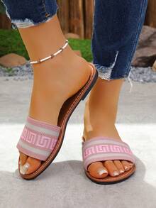 女士几何图案休闲沙滩家居平底拖鞋 - 粉色 - 查看 1