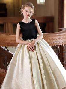 少女金色蝴蝶结 V 领花童派对礼服，优雅的女童公主裙，适合儿童生日派对、花童婚礼、舞会、重要场合和节日